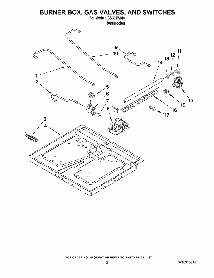 BURNER BOX, GAS VALVES, AND SWITCHES Diagram and Parts List for ICS304WM0  Whirlpool Cooktop