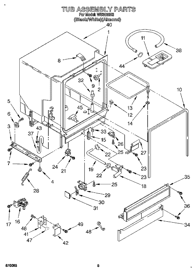 TUB ASSEMBLY, LIT/OPTIONAL Diagram and Parts List for WU3000X6  Roper Dishwasher