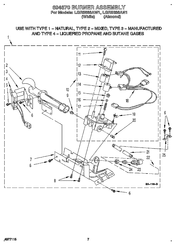 694670 BURNER ASSEMBLY Diagram and Parts List for LGR5638AN1  Whirlpool Dryer