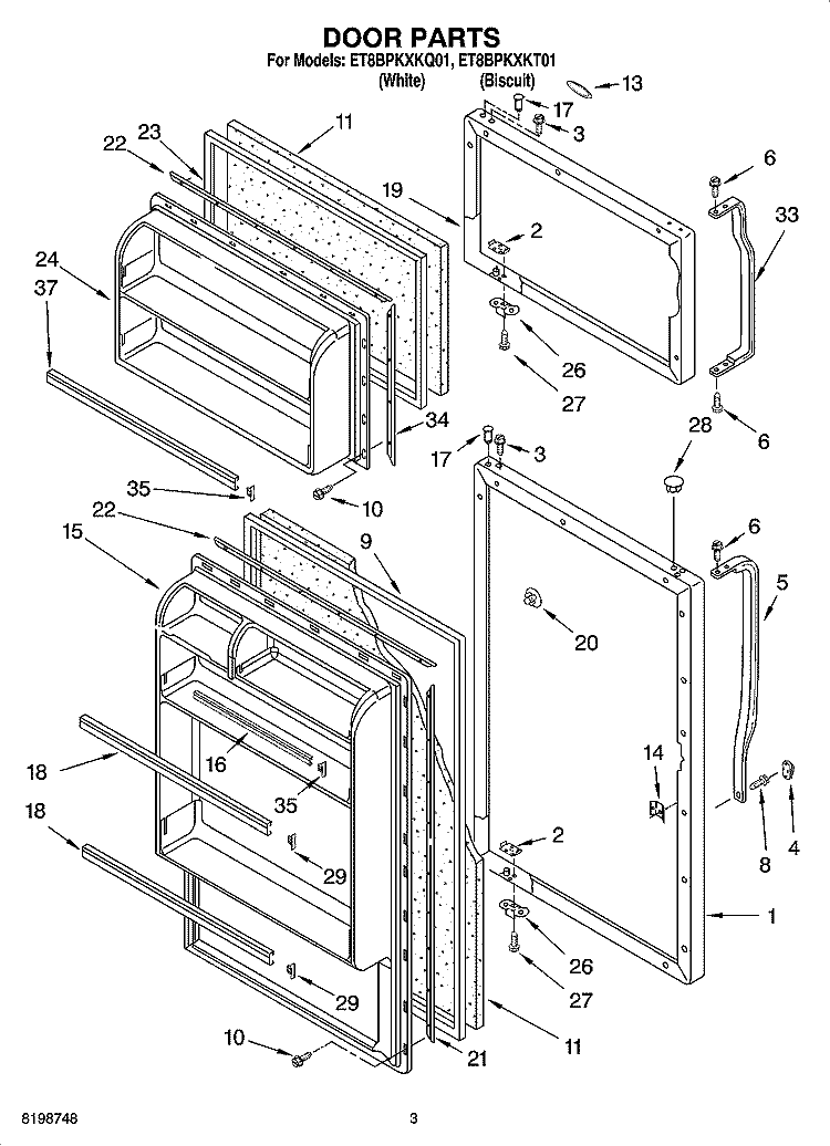 DOOR PARTS Diagram and Parts List for ET8BPKXKT01  Whirlpool Refrigerator