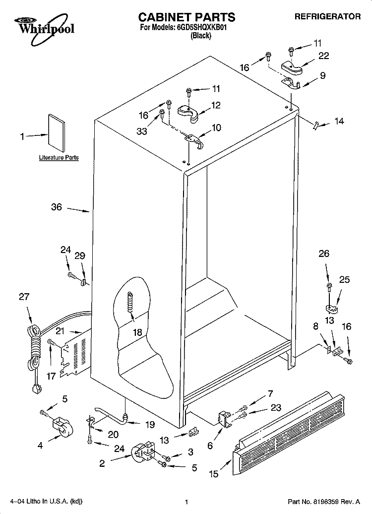 CABINET PARTS Diagram and Parts List for 6GD5SHQXKB01  Whirlpool Refrigerator