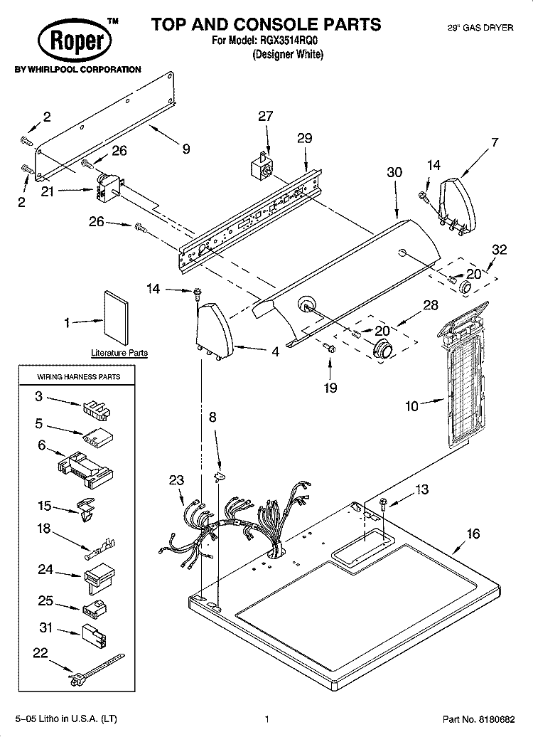 TOP AND CONSOLE PARTS Diagram and Parts List for RGX3514RQ0  Roper Dryer