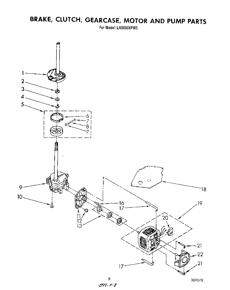 BRAKE, CLUTCH, GEARCASE, MOTOR AND PUMP Diagram and Parts List for LA5600XPW5  Whirlpool Washer