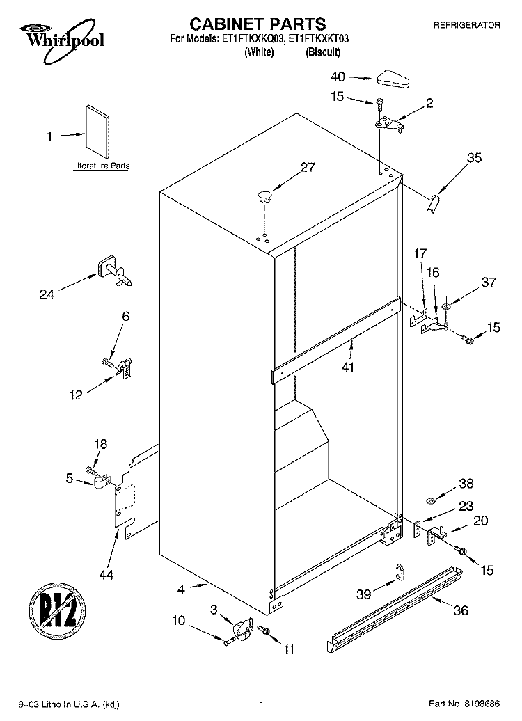 CABINET PARTS Diagram and Parts List for ET1FTKXKT03  Whirlpool Refrigerator