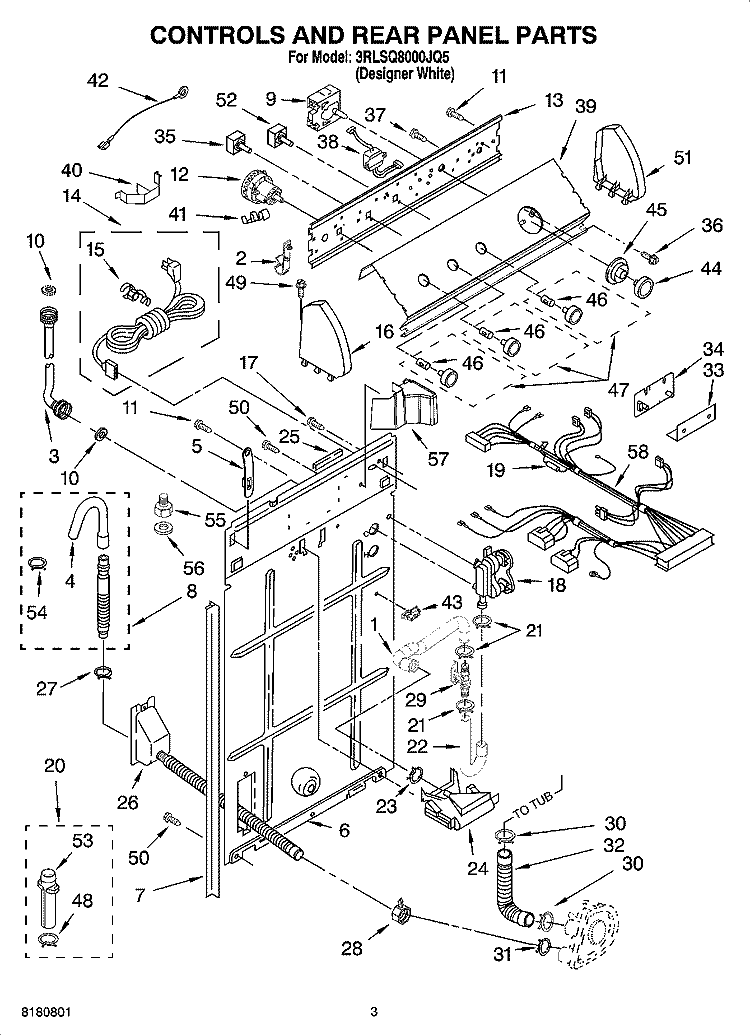 CONTROLS AND REAR PANEL PARTS Diagram and Parts List for 3RLSQ8000JQ5  Whirlpool Washer