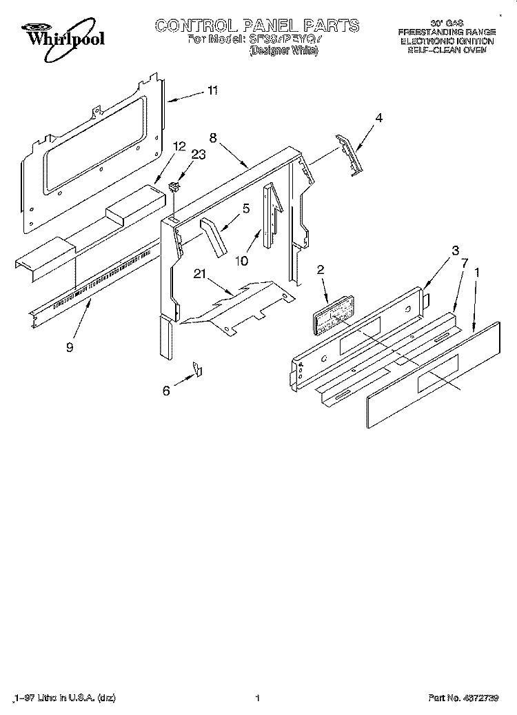 CONTROL PANEL Diagram and Parts List for SF387PEYQ7  Whirlpool Range