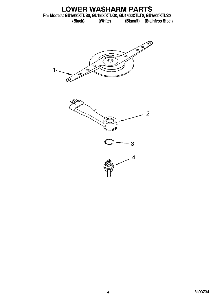 LOWER WASHARM PARTS Diagram and Parts List for GU1500XTLB0  Whirlpool Dishwasher