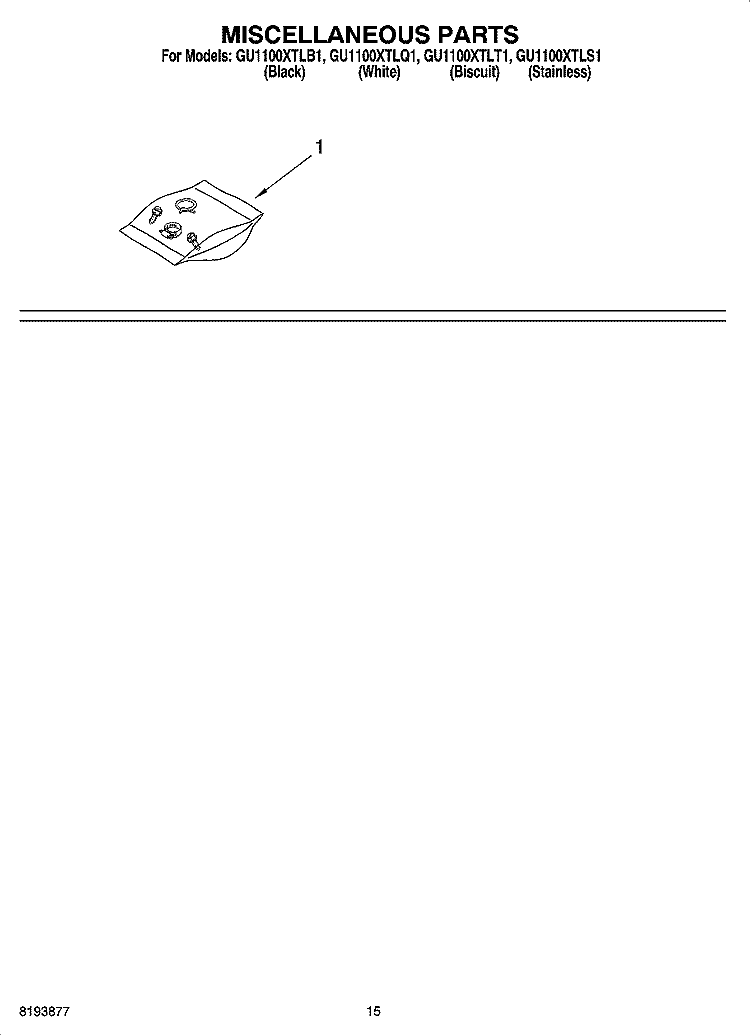 MISCELLANEOUS PARTS Diagram and Parts List for GU1100XTLS1  Whirlpool Dishwasher