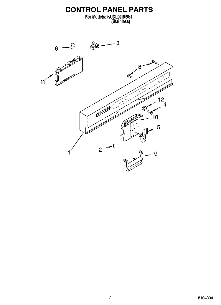 CONTROL PANEL PARTS Diagram and Parts List for KUDL02IRBS1  KitchenAid Dishwasher