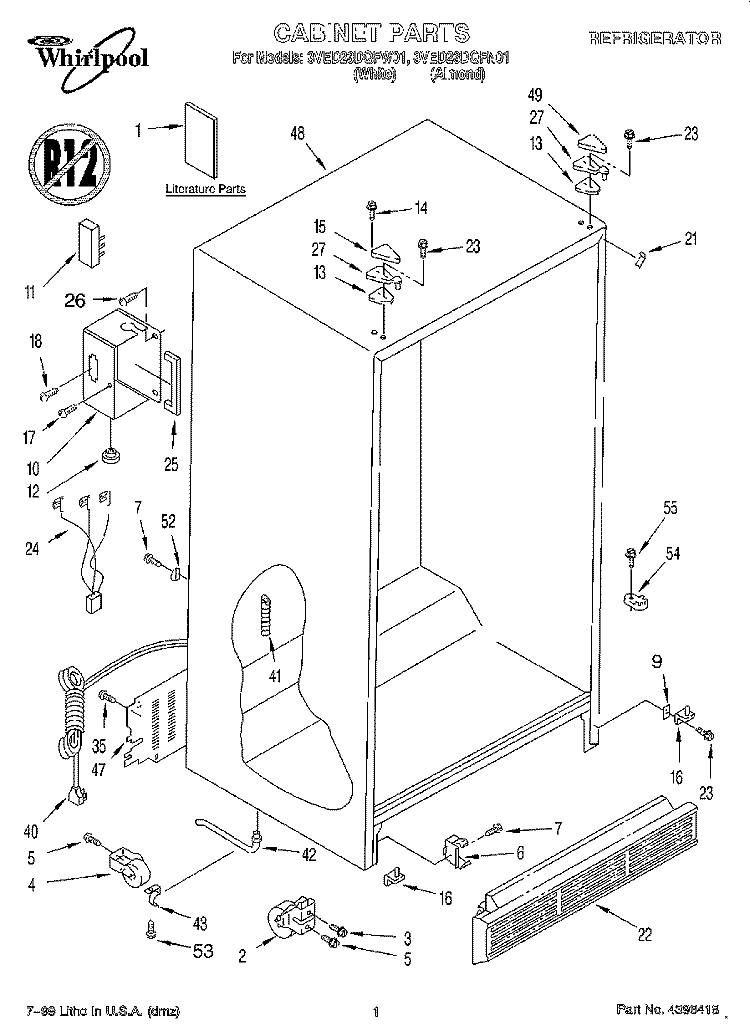 CABINET, LITERATURE Diagram and Parts List for 3VED23DQFN01  Whirlpool Refrigerator