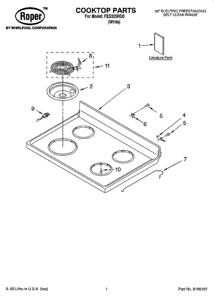 COOKTOP PARTS Diagram and Parts List for FES325RQ0  Roper Range