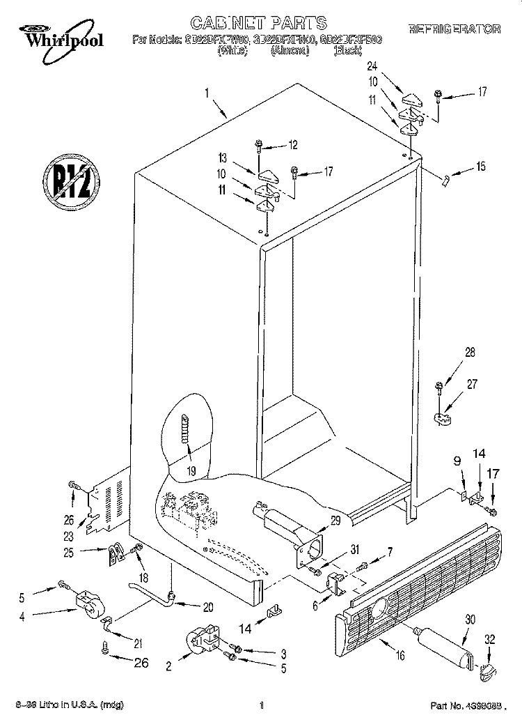 CABINET Diagram and Parts List for GD22DFXFB00  Whirlpool Refrigerator