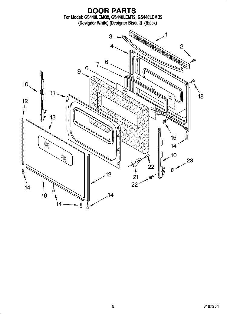 DOOR PARTS, MISCELLANEOUS PARTS Diagram and Parts List for GS440LEMB2  Whirlpool Range