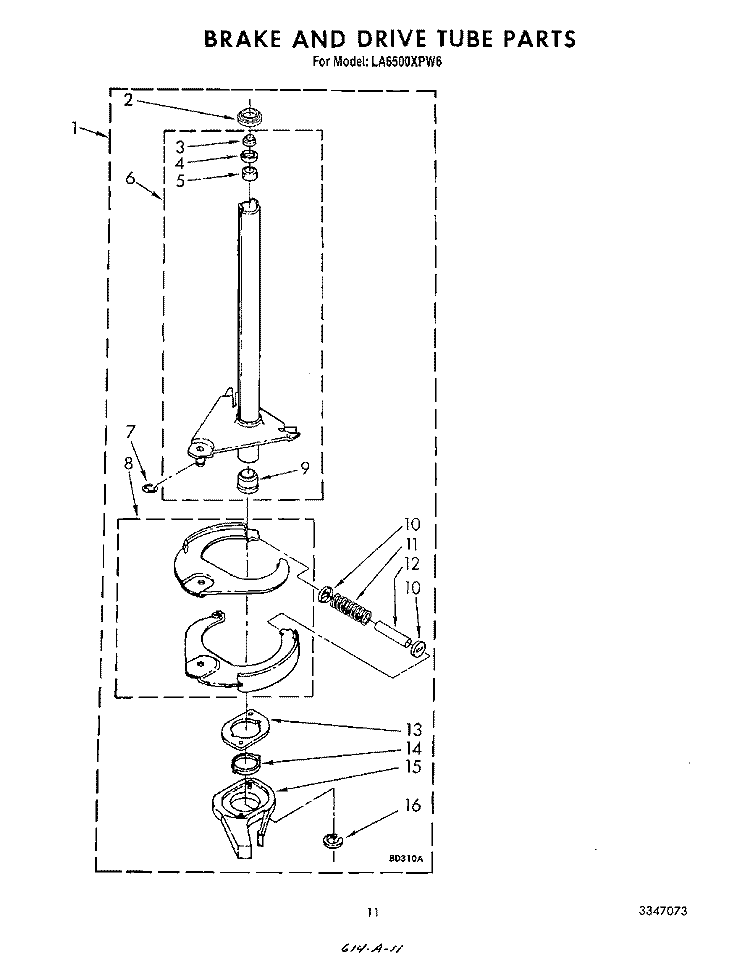 BRAKE AND DRIVE TUBE Diagram and Parts List for LA6500XPW6  Whirlpool Washer