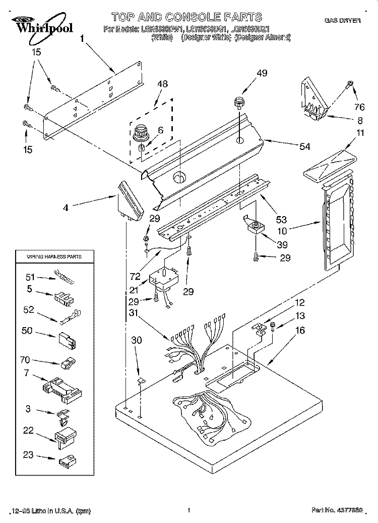 TOP AND CONSOLE, LIT/OPTIONAL Diagram and Parts List for LGR6638DW1  Whirlpool Dryer