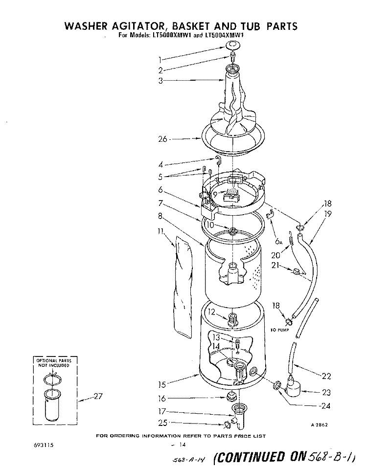 WASHER AGITATOR, BASKET AND TUB Diagram and Parts List for LT5000XMW1  Whirlpool Washer Dryer Combo