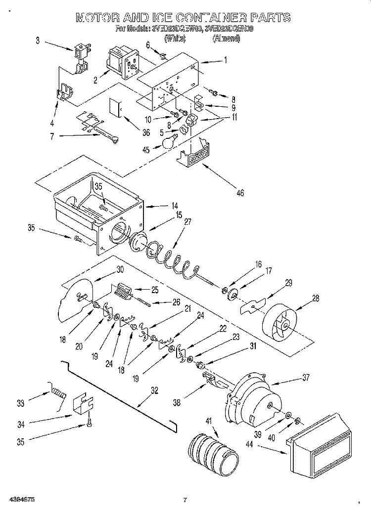 MOTOR AND ICE CONTAINER Diagram and Parts List for 3VED23DQEN00  Whirlpool Refrigerator