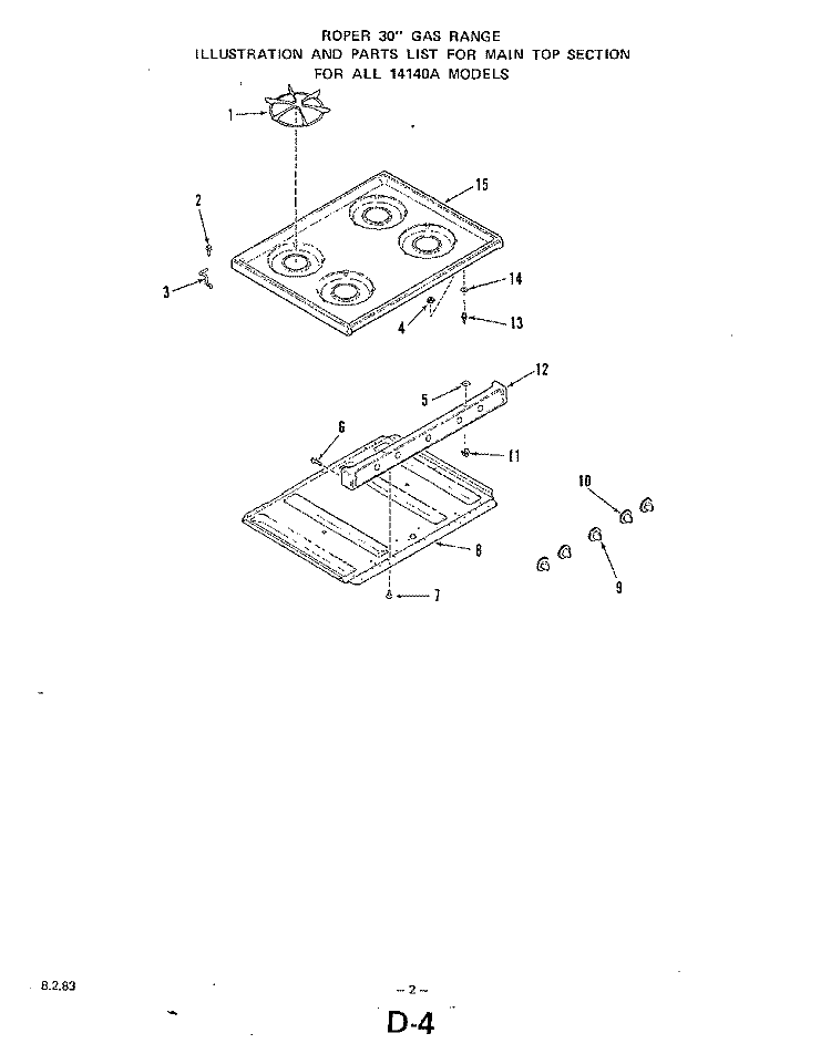 MAIN TOP Diagram and Parts List for 1414W0A  Roper Range