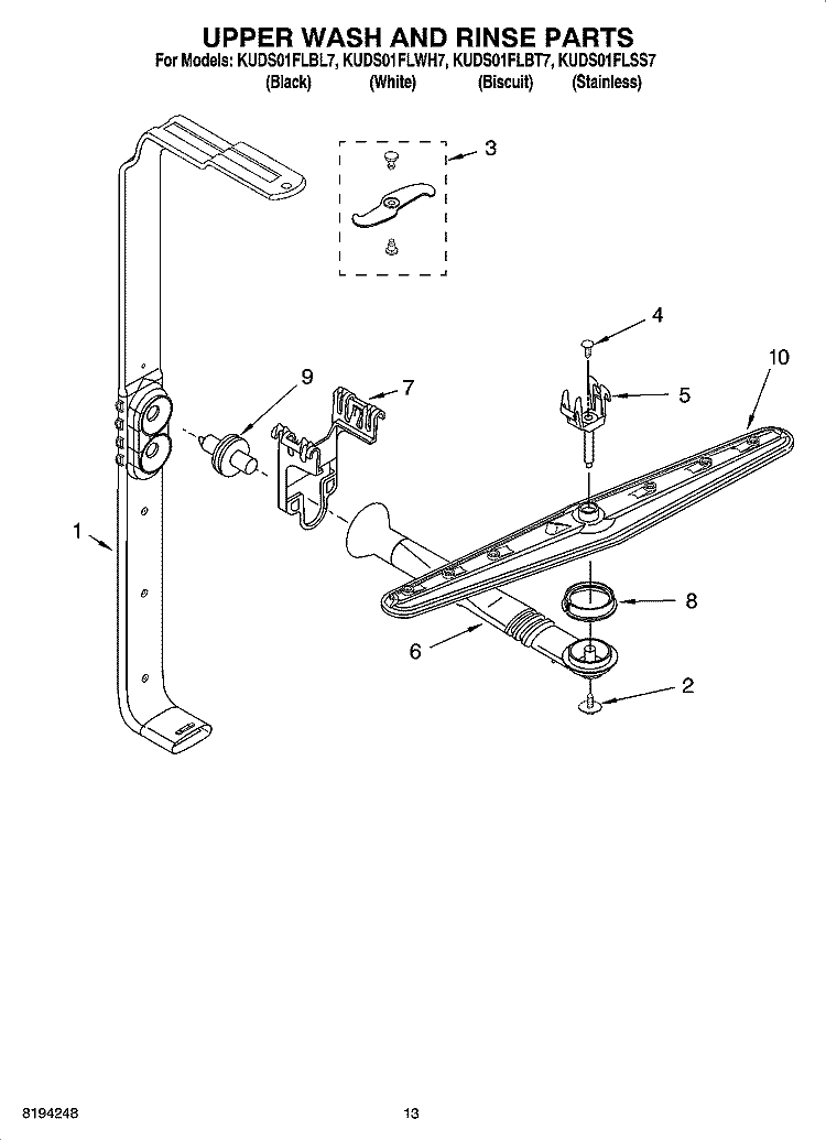 UPPER WASH AND RINSE PARTS Diagram and Parts List for KUDS01FLBL7  KitchenAid Dishwasher