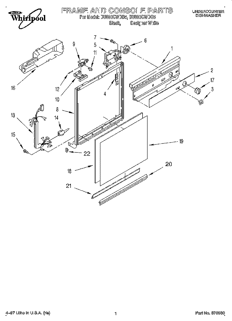 FRAME AND CONSOLE Diagram and Parts List for DU800CWDB5  Whirlpool Dishwasher