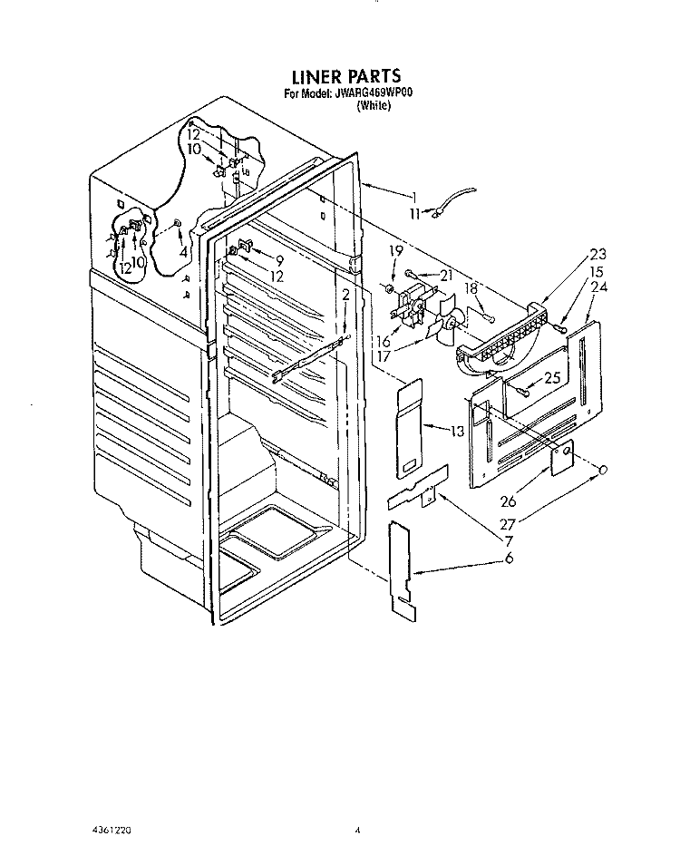 LINER Diagram and Parts List for JWARG469WP00  Whirlpool Refrigerator