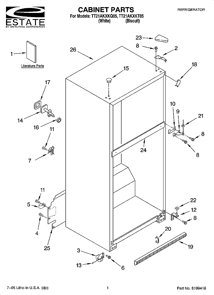 CABINET PARTS Diagram and Parts List for TT21AKXKQ05  Whirlpool Refrigerator