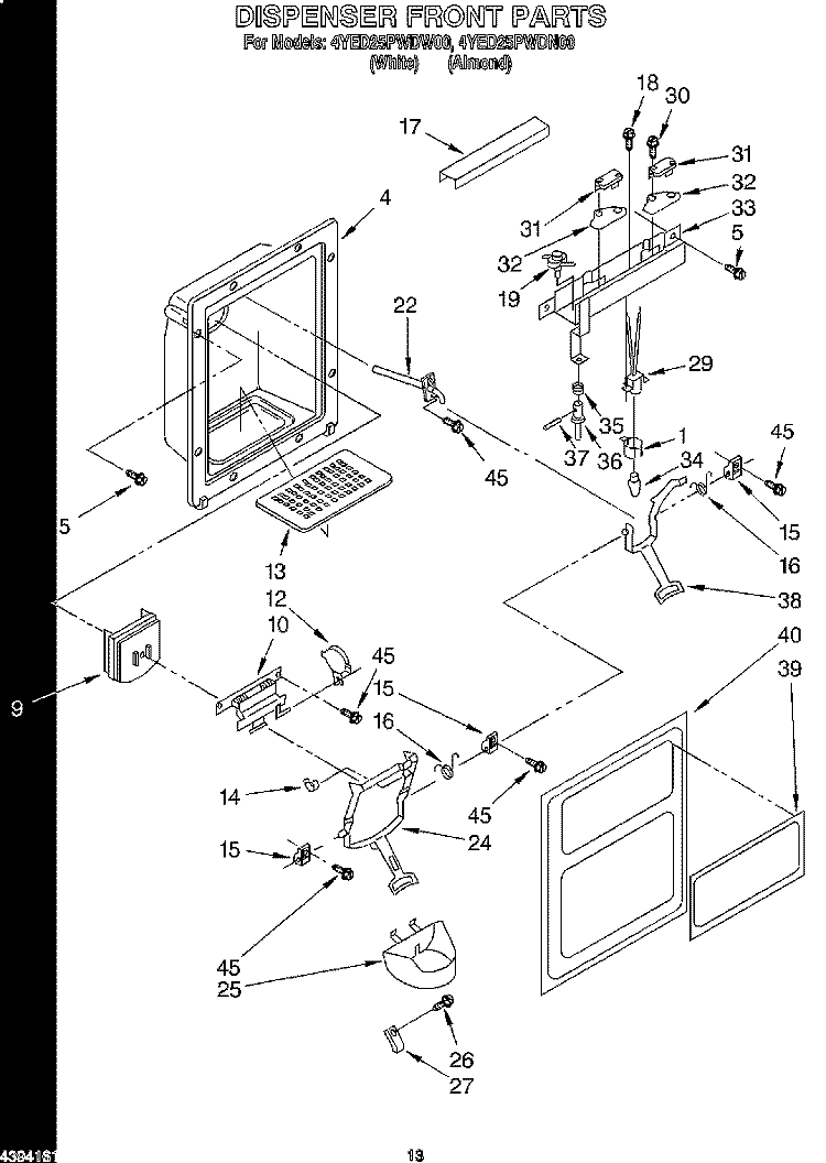DISPENSER FRONT Diagram and Parts List for 4YED25PWDN00  Whirlpool Refrigerator