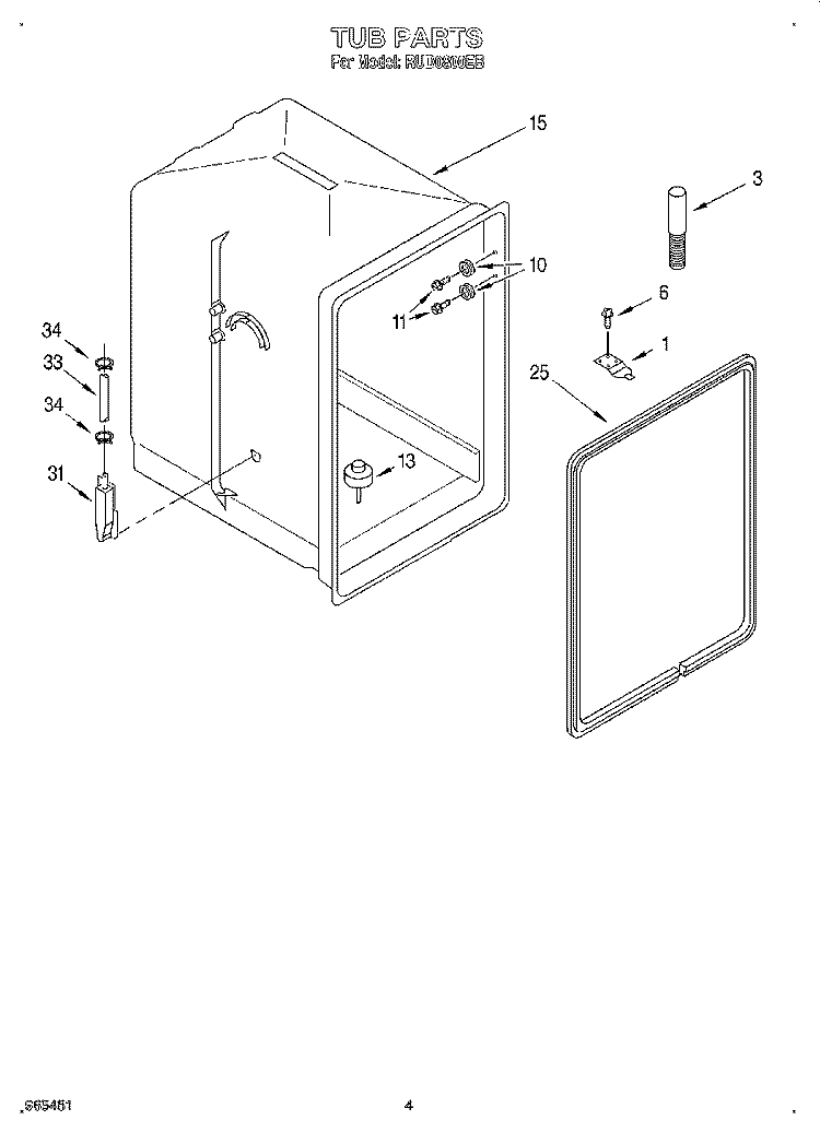 TUB Diagram and Parts List for RUD0800EB  Roper Dishwasher