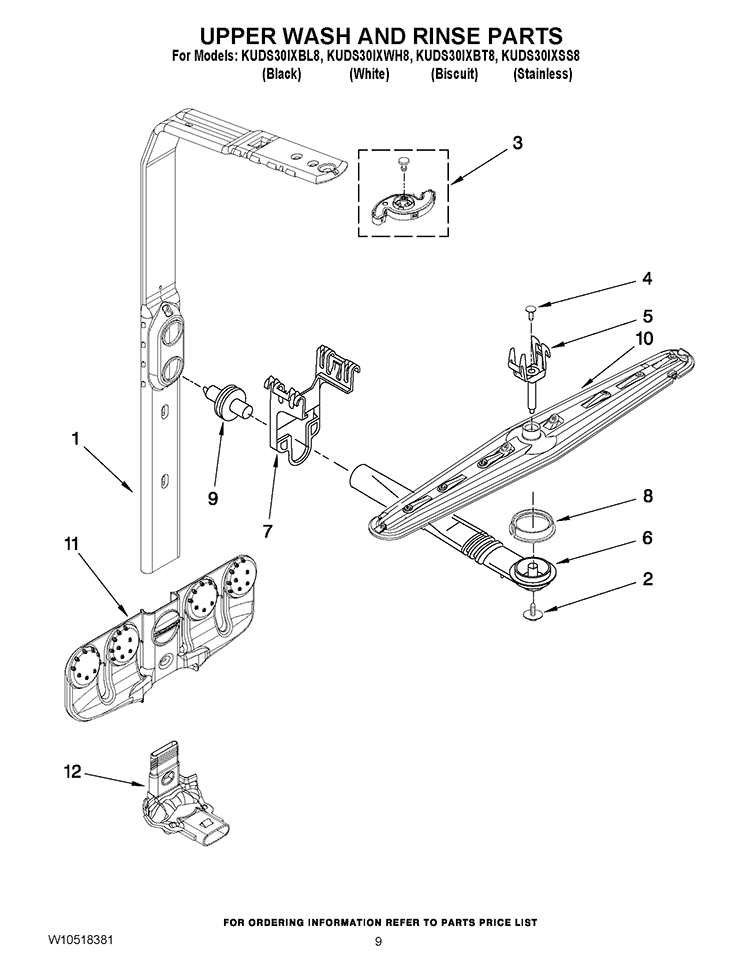 UPPER WASH AND RINSE PARTS Diagram and Parts List for KUDS30IXBL8  KitchenAid Dishwasher