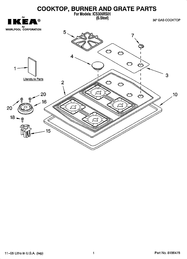 COOKTOP, BURNER AND GRATE PARTS Diagram and Parts List for ICS306RS01  Whirlpool Cooktop
