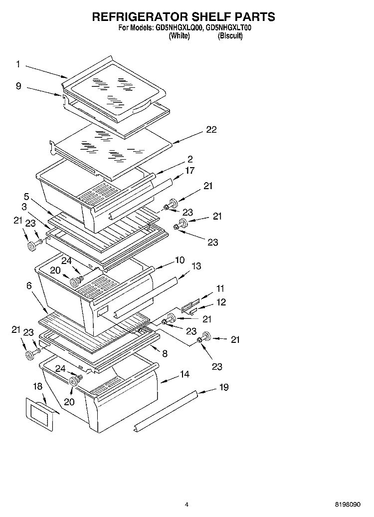 REFRIGERATOR SHELF Diagram and Parts List for GD5NHGXLQ00  Whirlpool Refrigerator