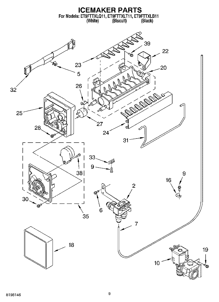 ICE MAKER Diagram and Parts List for ET9FTTXLQ11  Whirlpool Refrigerator