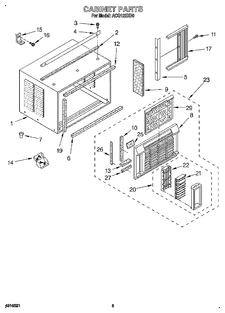 CABINET Diagram and Parts List for ACQ122XD0  Whirlpool Air Conditioner
