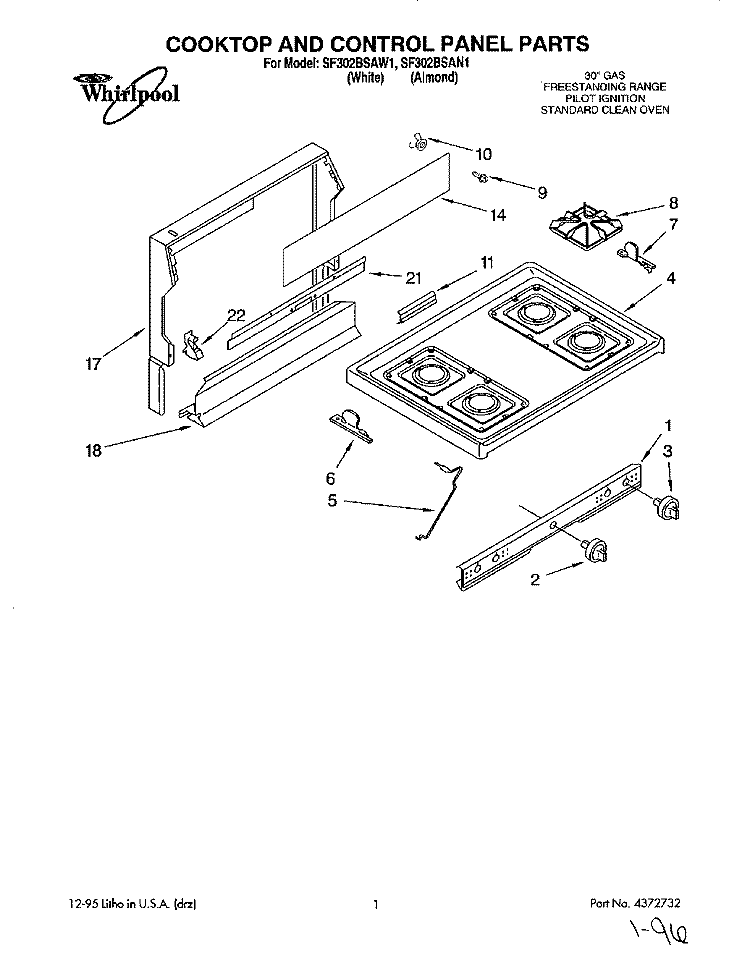 COOKTOP AND CONTROL PANEL, LITERATURE Diagram and Parts List for SF302BSAN1  Whirlpool Range