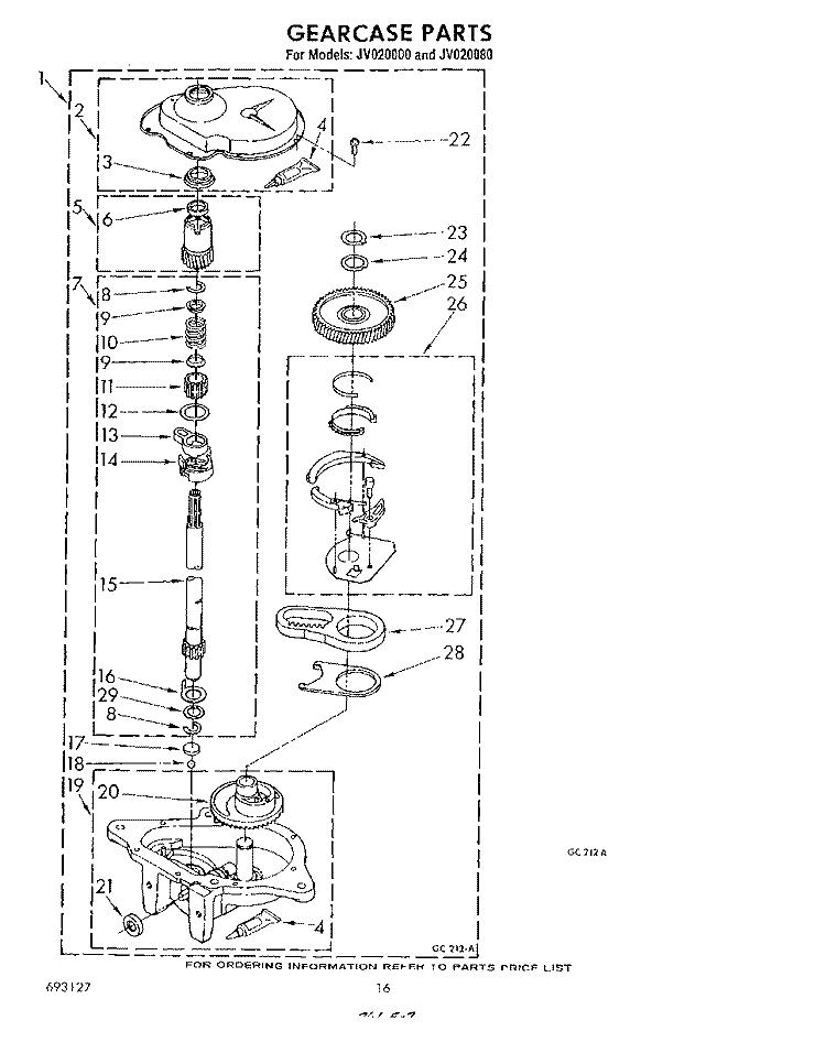 GEARCASE Diagram and Parts List for JV020000  Whirlpool Washer Dryer Combo