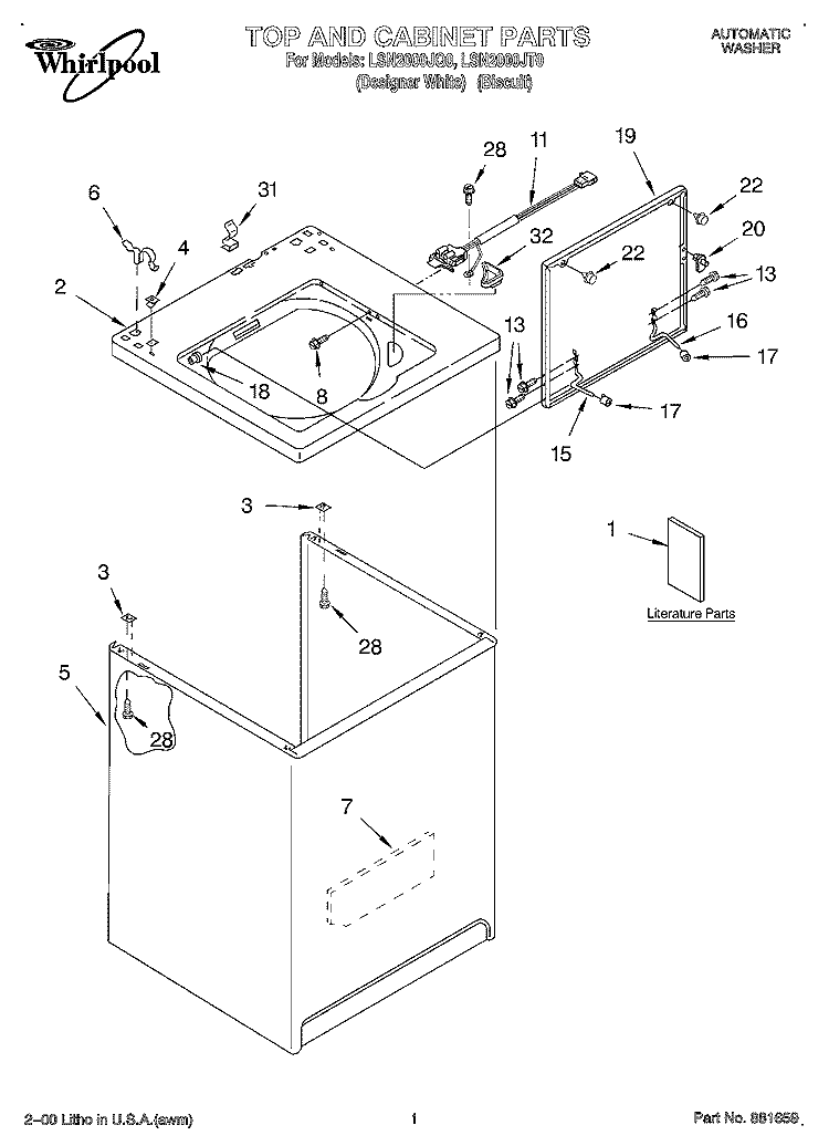 TOP AND CABINET, LITERATURE Diagram and Parts List for LSN2000JQ0  Whirlpool Washer
