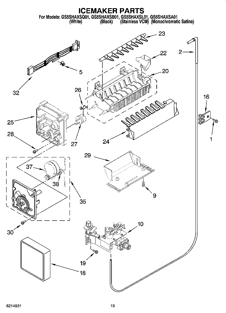 ICEMAKER PARTS, OPTIONAL PARTS (NOT INCLUDED) Diagram and Parts List for GS5SHAXSA01  Whirlpool Refrigerator