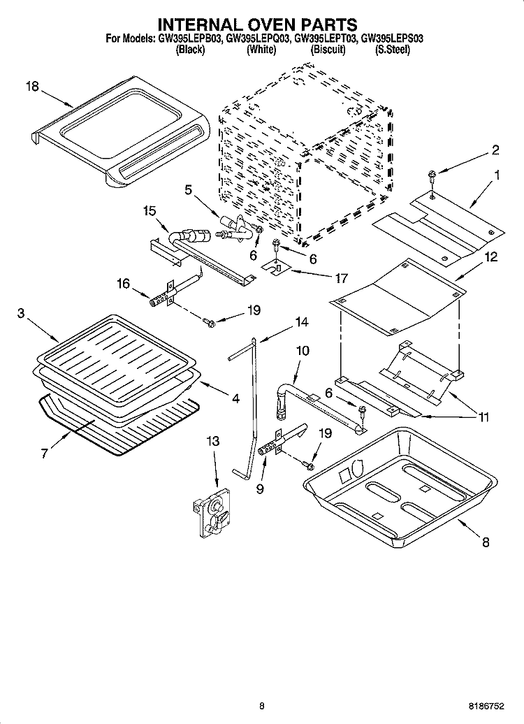 INTERNAL OVEN PARTS Diagram and Parts List for GW395LEPS03  Whirlpool Range