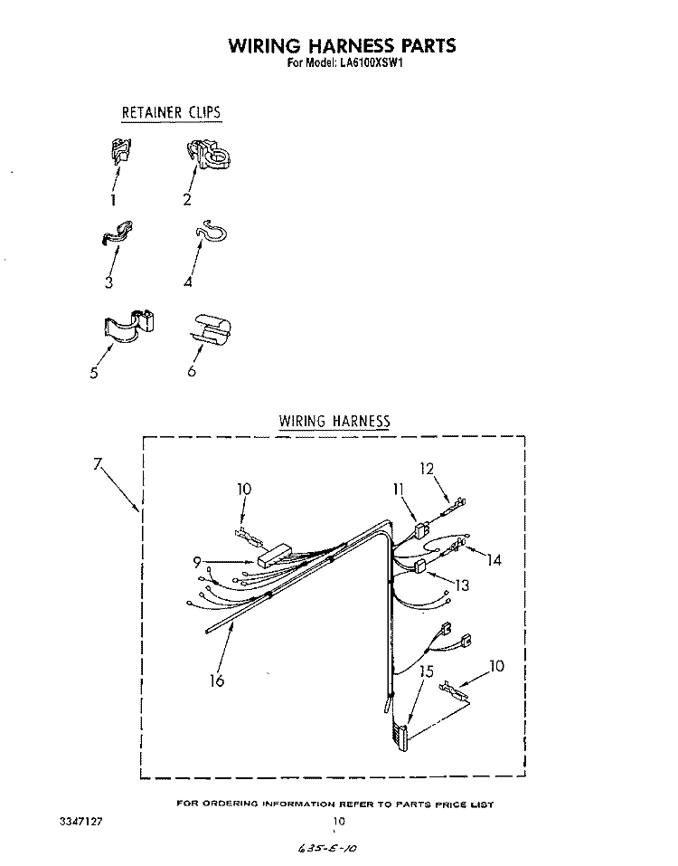 WIRING HARNESS Diagram and Parts List for LA6100XSW1  Whirlpool Washer