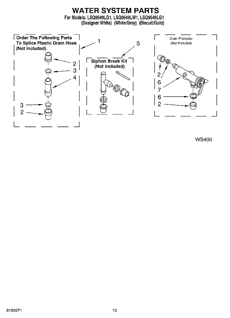 WATER SYSTEM PARTS, MISCELLANEOUS PARTS Diagram and Parts List for LSQ9549LW1  Whirlpool Washer