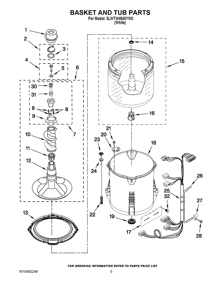 BASKET AND TUB PARTS Diagram and Parts List for 3LWTW4840YW0  Whirlpool Washer