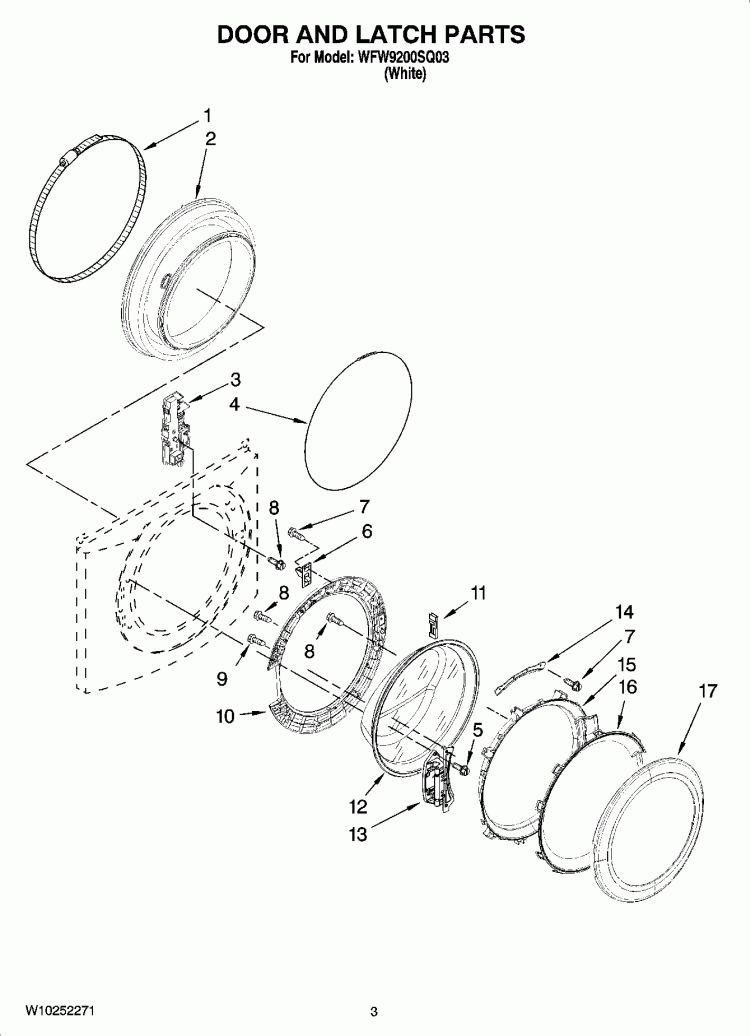 DOOR AND LATCH PARTS Diagram and Parts List for WFW9200SQ03  Whirlpool Washer