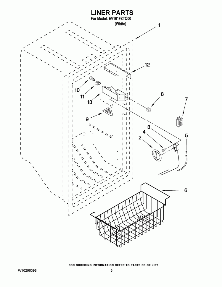 LINER PARTS Diagram and Parts List for EV161FZTQ00  Whirlpool Freezer