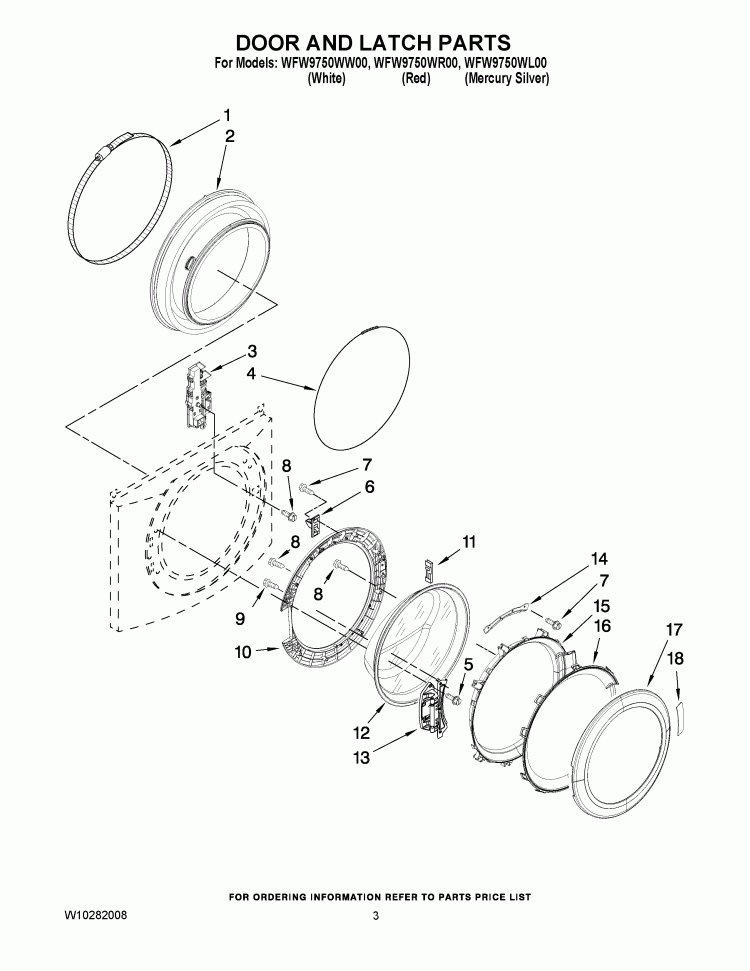 DOOR AND LATCH PARTS Diagram and Parts List for WFW9750WR00  Whirlpool Washer