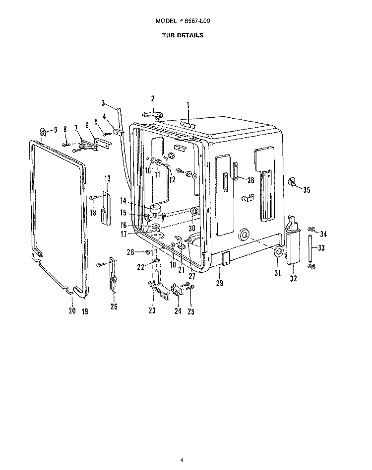 TUB Diagram and Parts List for 8587L00  Roper Dishwasher