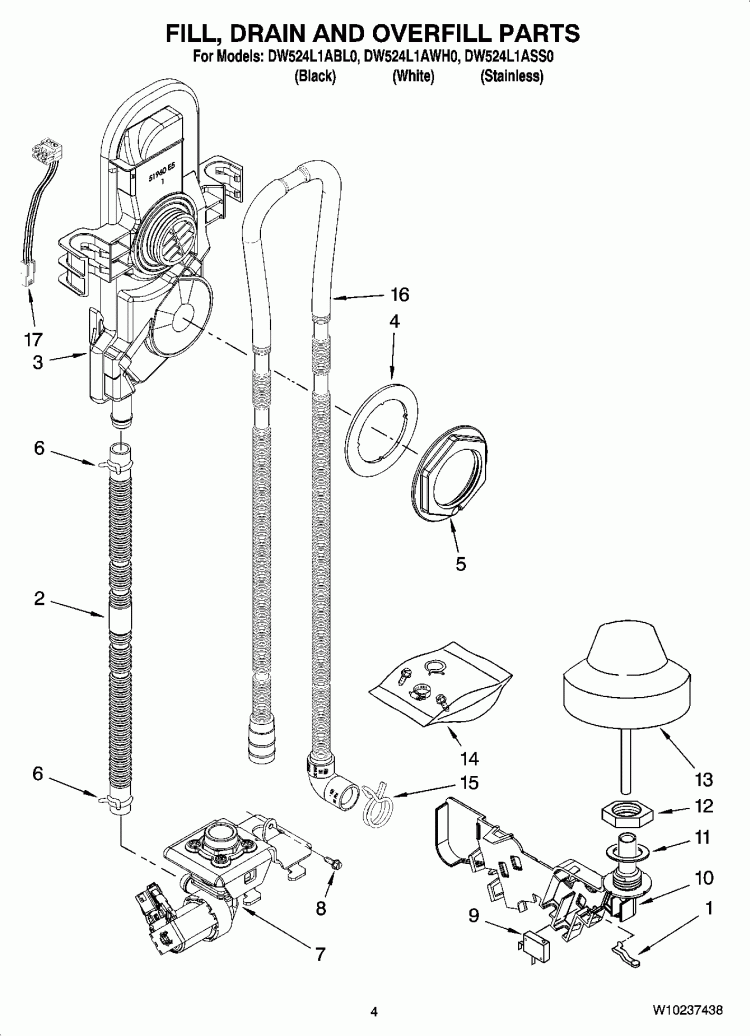 FILL, DRAIN AND OVERFILL PARTS Diagram and Parts List for DW524L1ABL0  Whirlpool Dishwasher