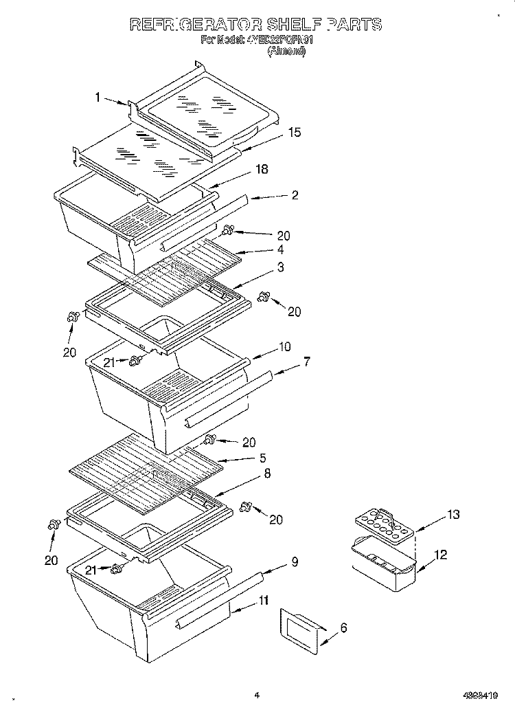 REFRIGERATOR SHELF Diagram and Parts List for 4YED22PQFN01  Whirlpool Refrigerator