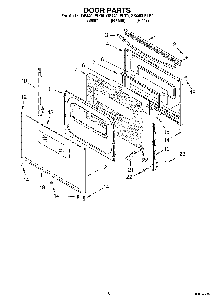 DOOR PARTS, MISCELLANEOUS PARTS Diagram and Parts List for GS440LELQ0  Whirlpool Range