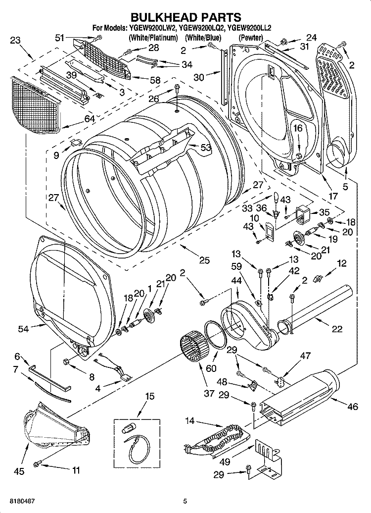 BULKHEAD PARTS Diagram and Parts List for YGEW9200LW2  Whirlpool Dryer