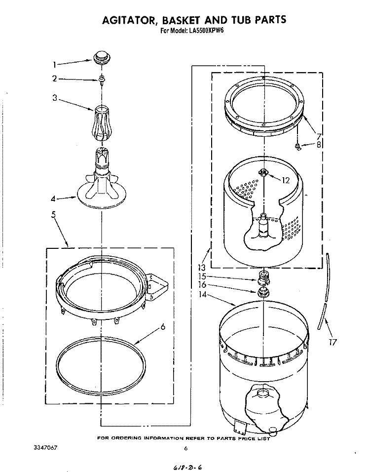 AGITATOR, BASKET AND TUB Diagram and Parts List for LA5500XPW6  Whirlpool Washer